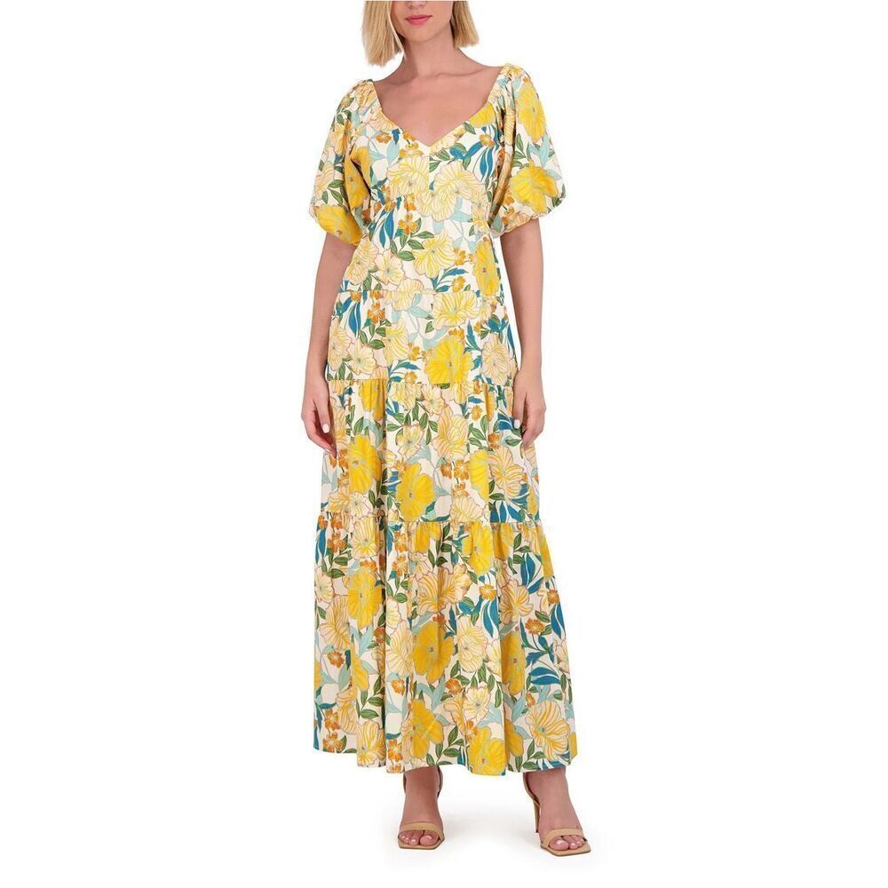 $168 Vince Camuto V-Neck Short Sleeve Floral Maxi Dress size 8 m9